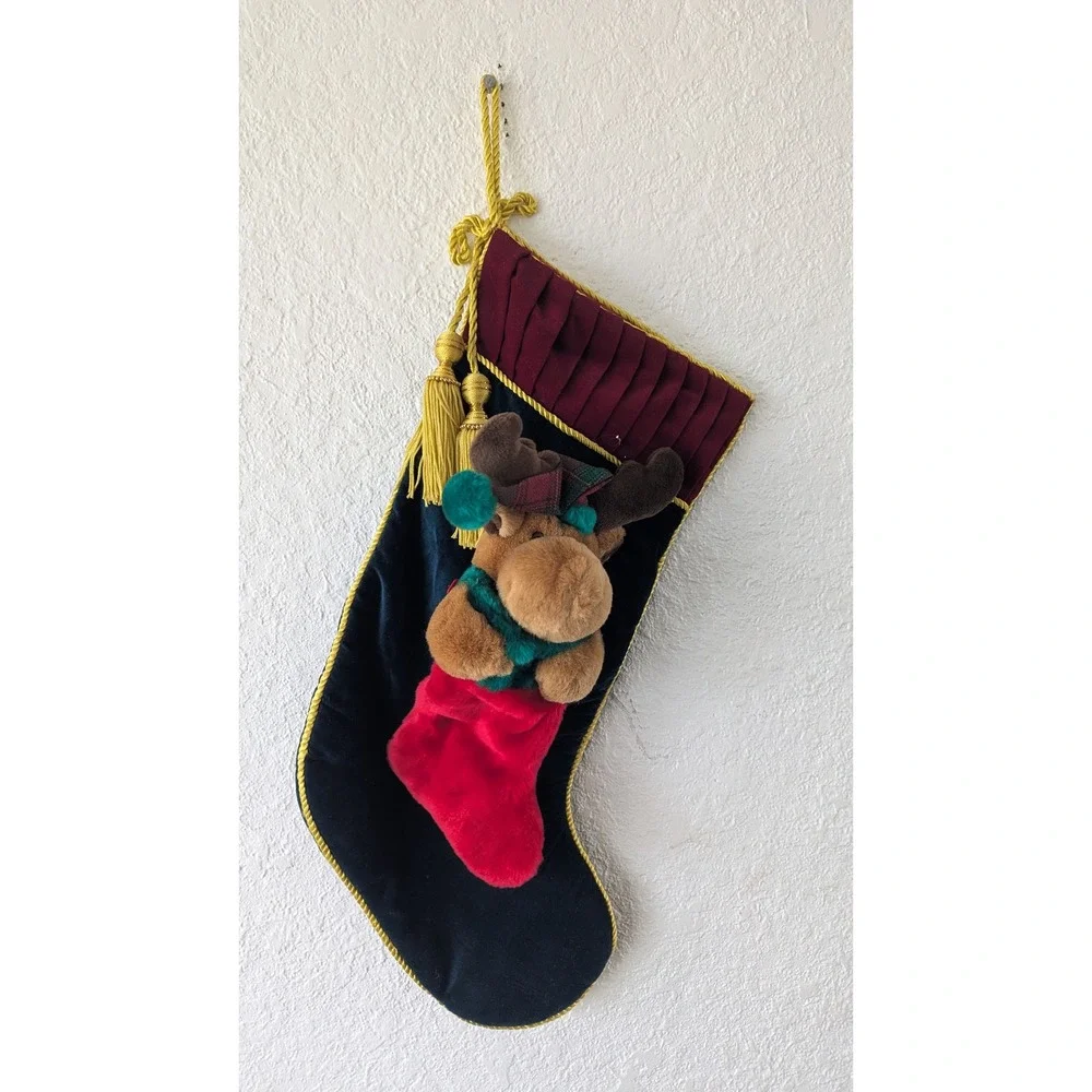 Navy Velvet Christmas Stocking with 3D Plush Moose Gold Tassels Burgundy Cuff